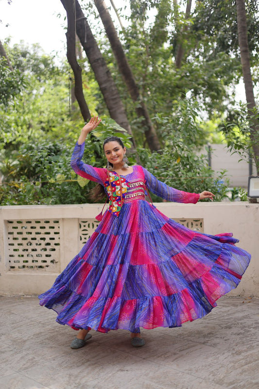 Purple & Pink Bandhani Anarkali Dress with Embroidered Kutch Jacket Design