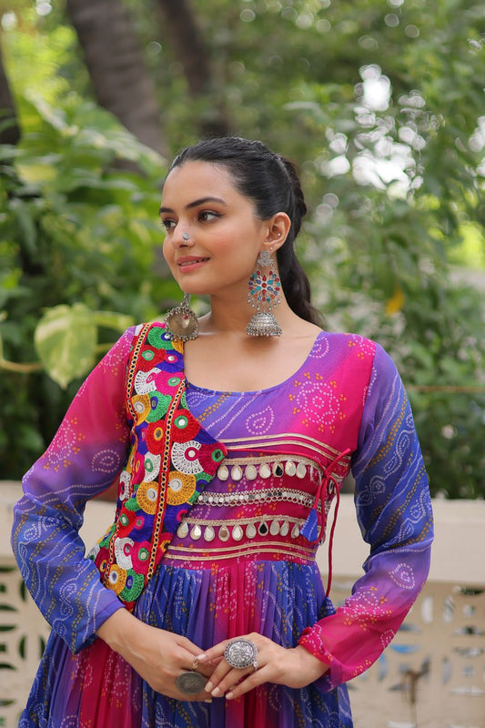 Purple & Pink Bandhani Anarkali Dress with Embroidered Kutch Jacket Design