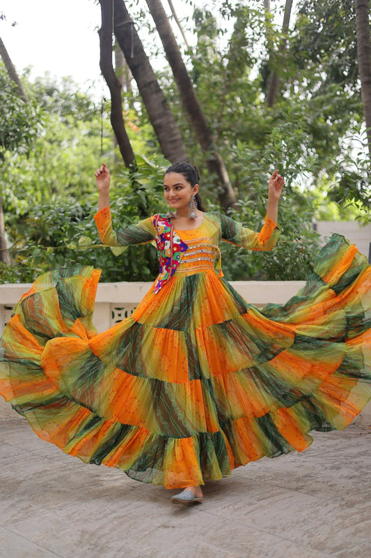 Green & Yellow Bandhani Anarkali Dress with Multicolor Kutch Embroidered Jacket Design