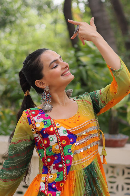 Green & Yellow Bandhani Anarkali Dress with Multicolor Kutch Embroidered Jacket Design