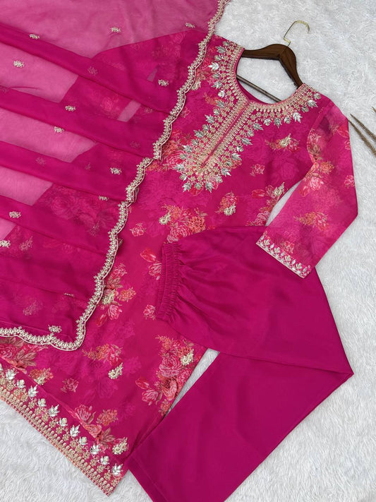 Party Wear Dark Pink Kundan Organza Suit With Embroidery Coding Dori-Sequence Worked