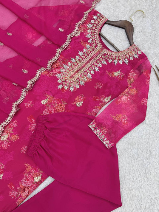 Party Wear Dark Pink Kundan Organza Suit With Embroidery Coding Dori-Sequence Worked