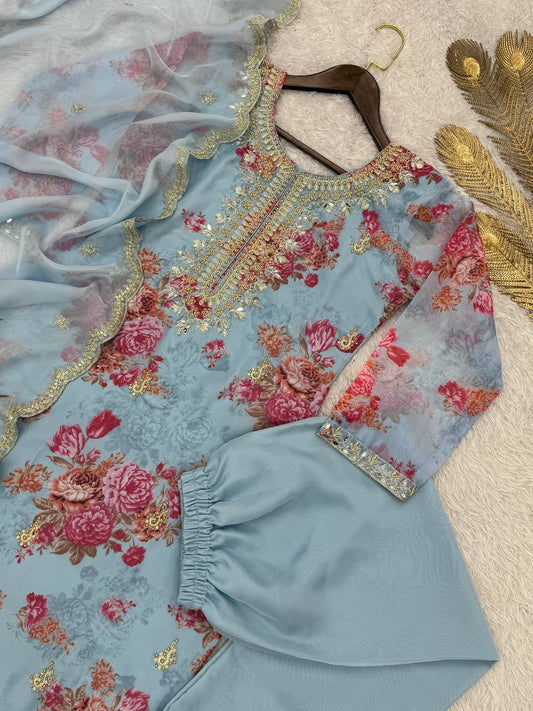 Party Wear Sky Blue Kundan Organza Suit With Embroidery Coding Dori-Sequence Worked