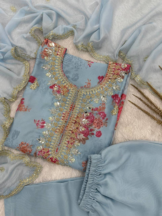 Party Wear Sky Blue Kundan Organza Suit With Embroidery Coding Dori-Sequence Worked