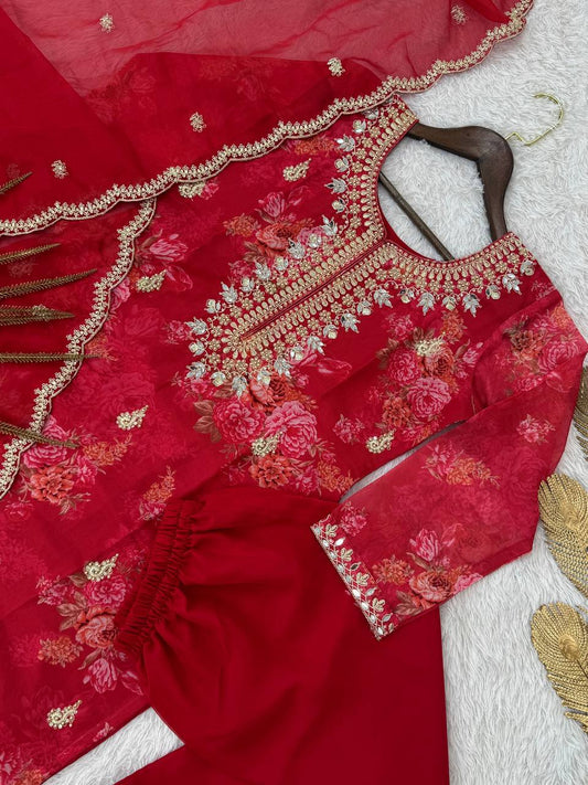 Party Wear Red Kundan Organza Suit With Embroidery Coding Dori-Sequence Worked