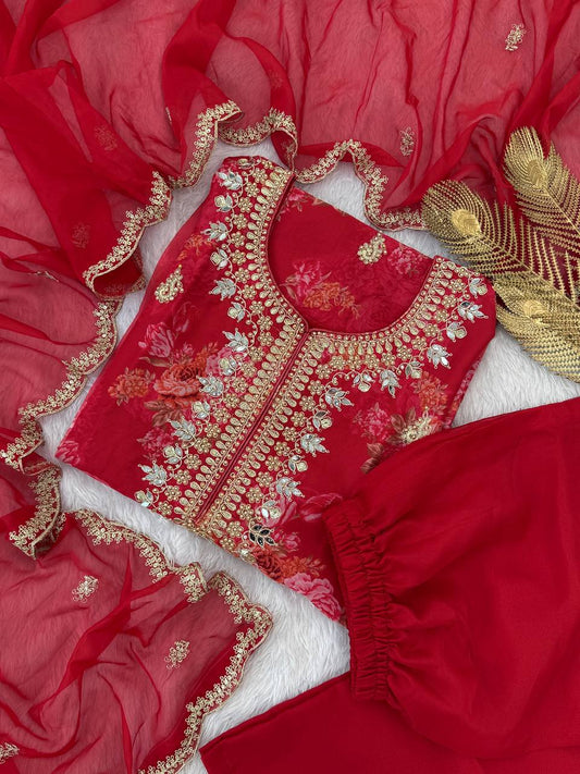 Party Wear Red Kundan Organza Suit With Embroidery Coding Dori-Sequence Worked