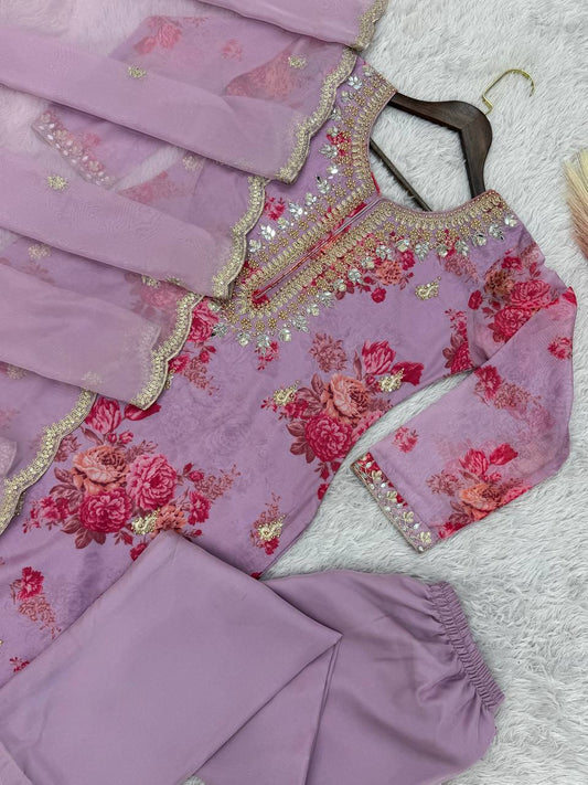 Party Wear Mauve Pink Kundan Organza Suit With Embroidery Coding Dori-Sequence Worked