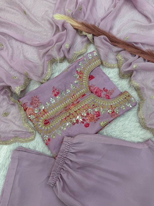 Party Wear Mauve Pink Kundan Organza Suit With Embroidery Coding Dori-Sequence Worked