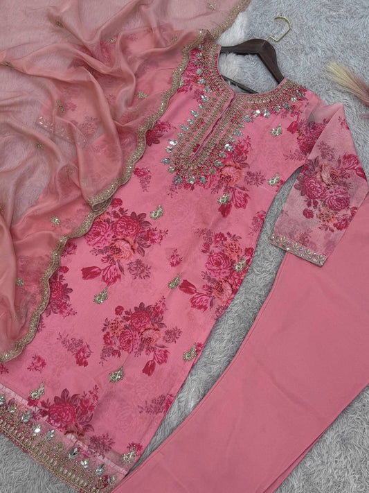 Party Wear Baby Pink Kundan Organza Suit With Embroidery Coding Dori-Sequence Worked