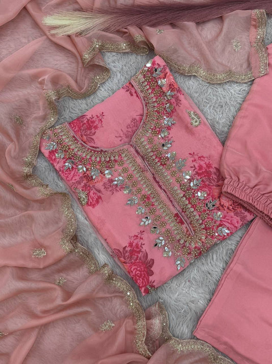 Party Wear Baby Pink Kundan Organza Suit With Embroidery Coding Dori-Sequence Worked