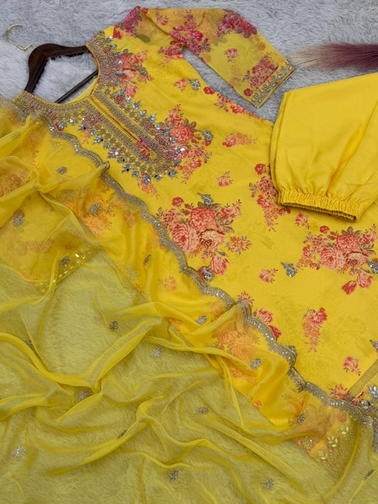 Party Wear Yellow Kundan Organza Suit With Embroidery Coding Dori-Sequence Worked