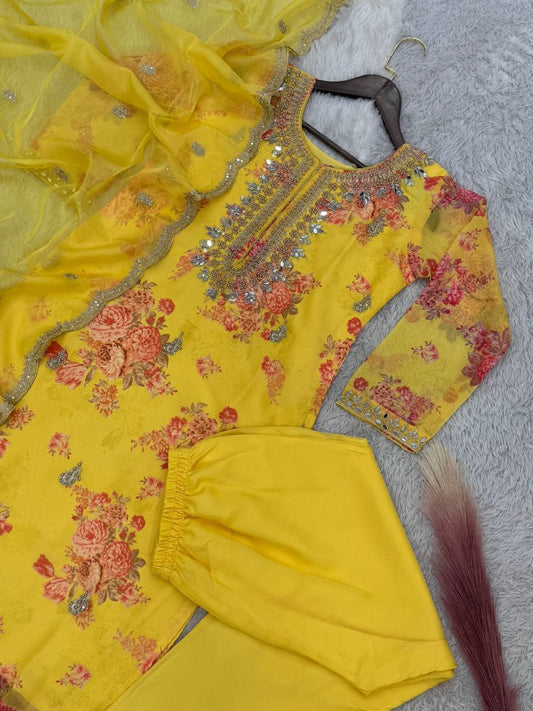 Party Wear Yellow Kundan Organza Suit With Embroidery Coding Dori-Sequence Worked