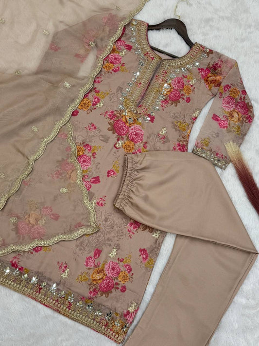 Party Wear Cream Kundan Organza Suit With Embroidery Coding Dori-Sequence Worked
