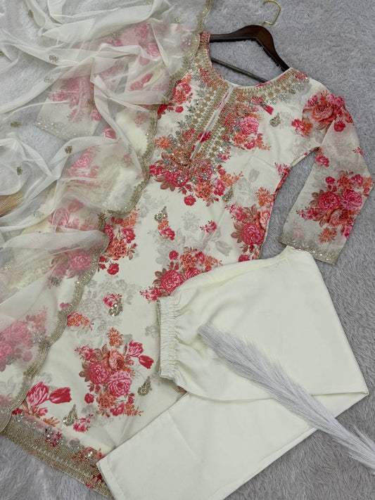 White Kundan Organza Suit With Embroidery Coding Dori-Sequence Worked