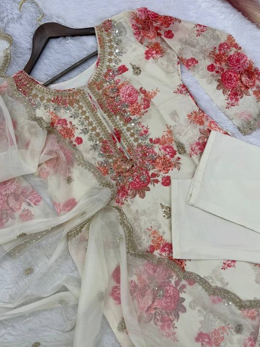 White Kundan Organza Suit With Embroidery Coding Dori-Sequence Worked