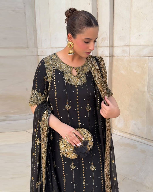 Black Color Embroidery Sequence Work Suit Set