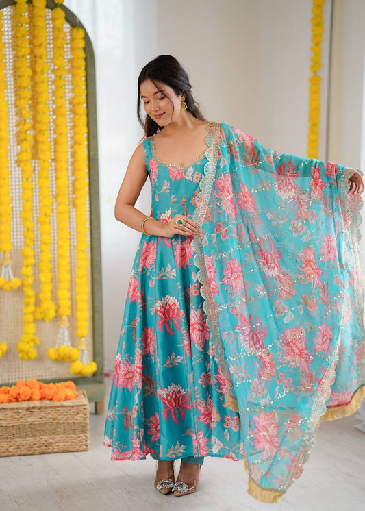 Designer Party Wear Blue Color Pure Muslin Anarkali Suit