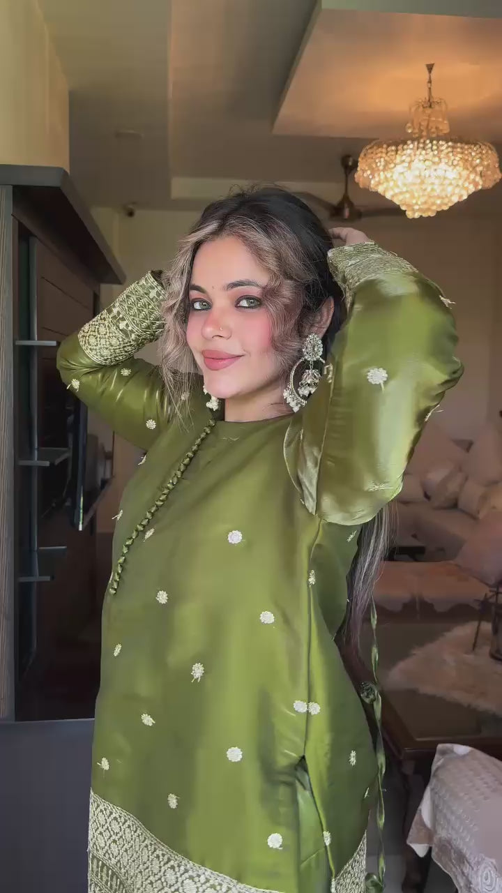 Olive Green Japan Satin Silk Dhoti Suit Set with Sequin Detailing